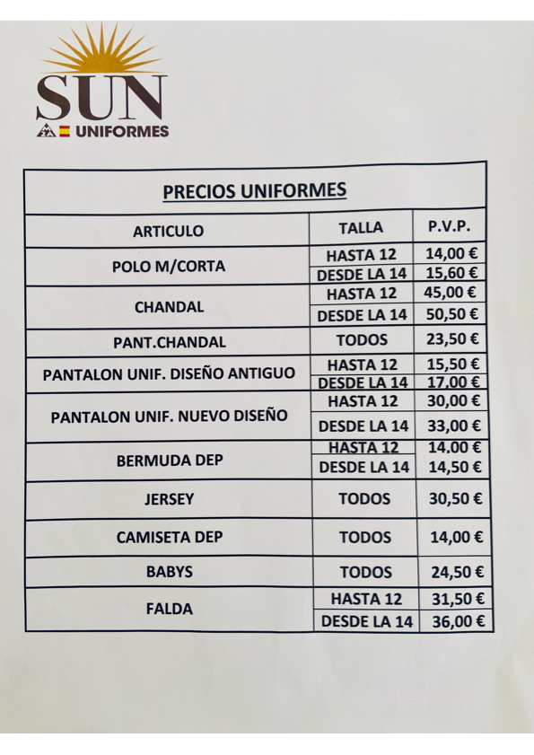 Tabla de precios y modelos de uniformes